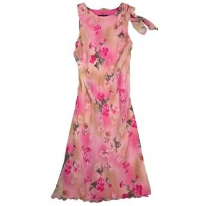 Hype Pink Floral Chiffon Midi Dress Sleeveless Shoulder Tie Bow 16 Y2k Tea Party